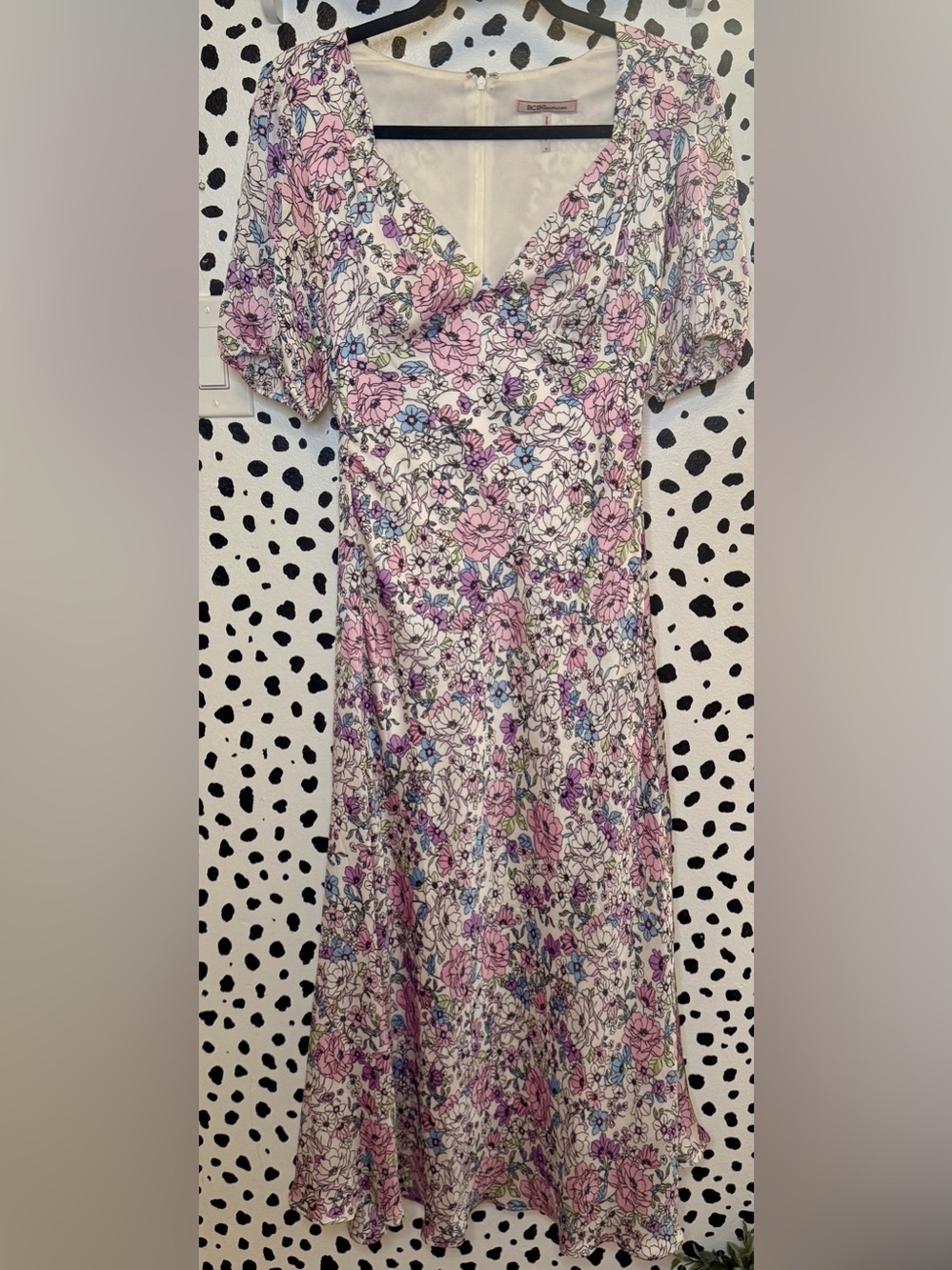BCBGeneration Floral Satin Midi Colorful Dress